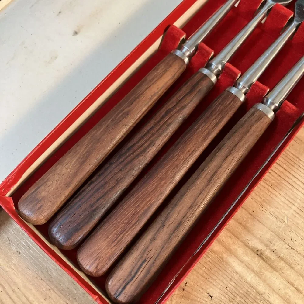 VTG Decorative Fork Lot - Long Wood Handles Japan - Small Gold Tone Set In Boxes